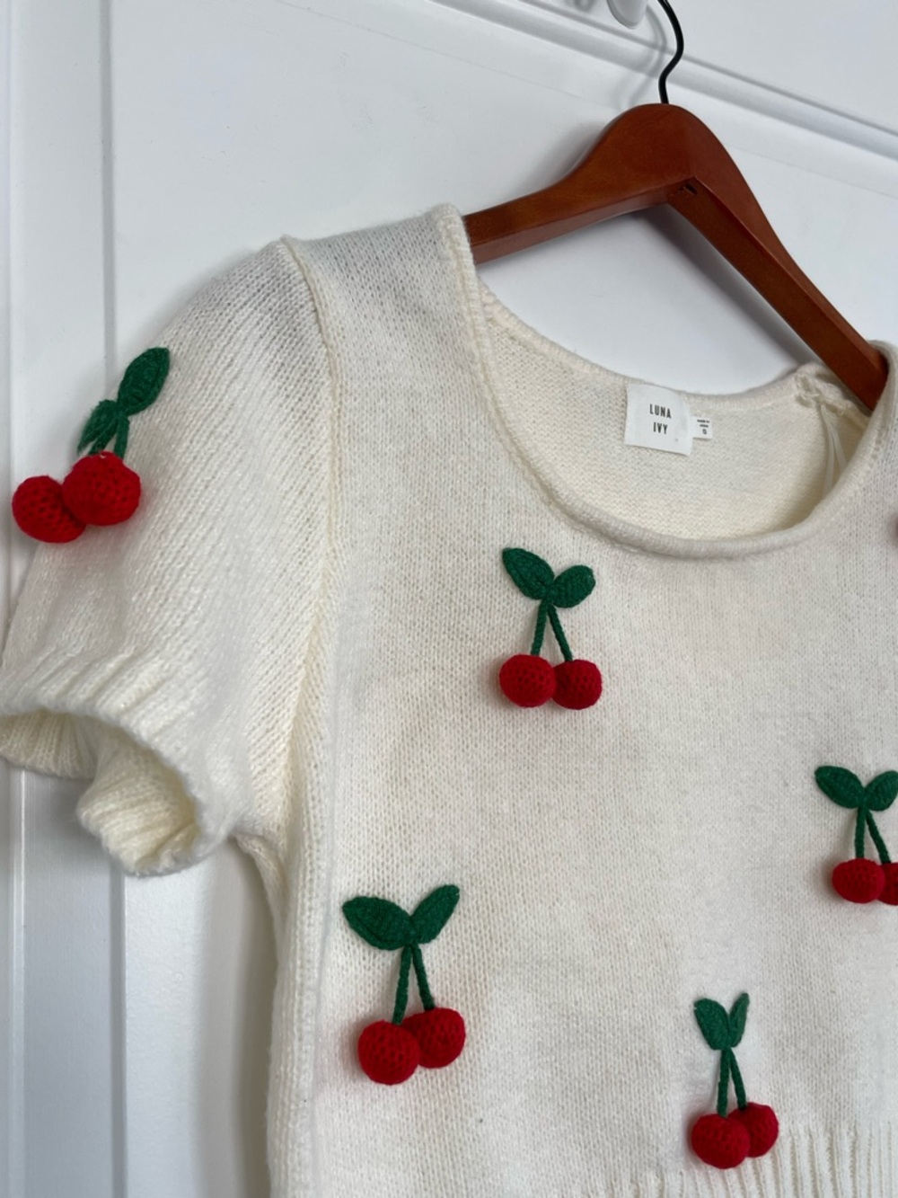 Luna Ivy Crop Knit Sweater with Red Cherry Appliqué 3D Viral Coquette Small